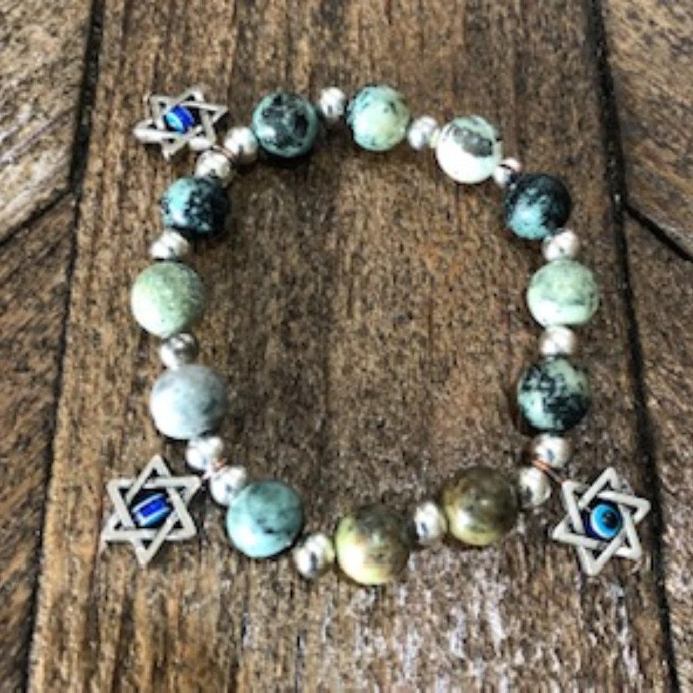 Jasper Bead Bracelet w/ Star Of David Charms